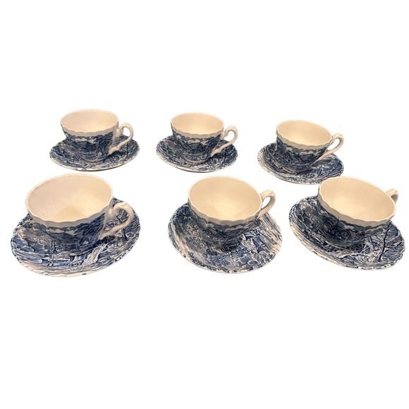 Vintage Alfred Meakin Staffordshire "The Mill" Blue White Cups Saucers Set of 6 - Picture 2 of 5